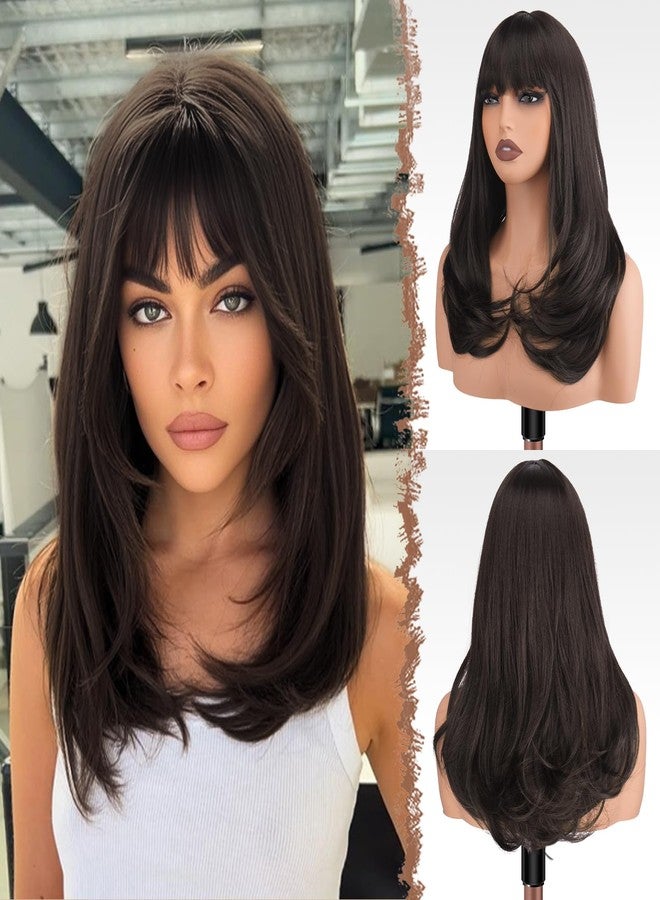 FESHFEN Long Wigs with Bangs, Synthetic Natural Looking Layered Straight Hair Wig for Women Daily Party Use 18 inch, Brown - Image 1